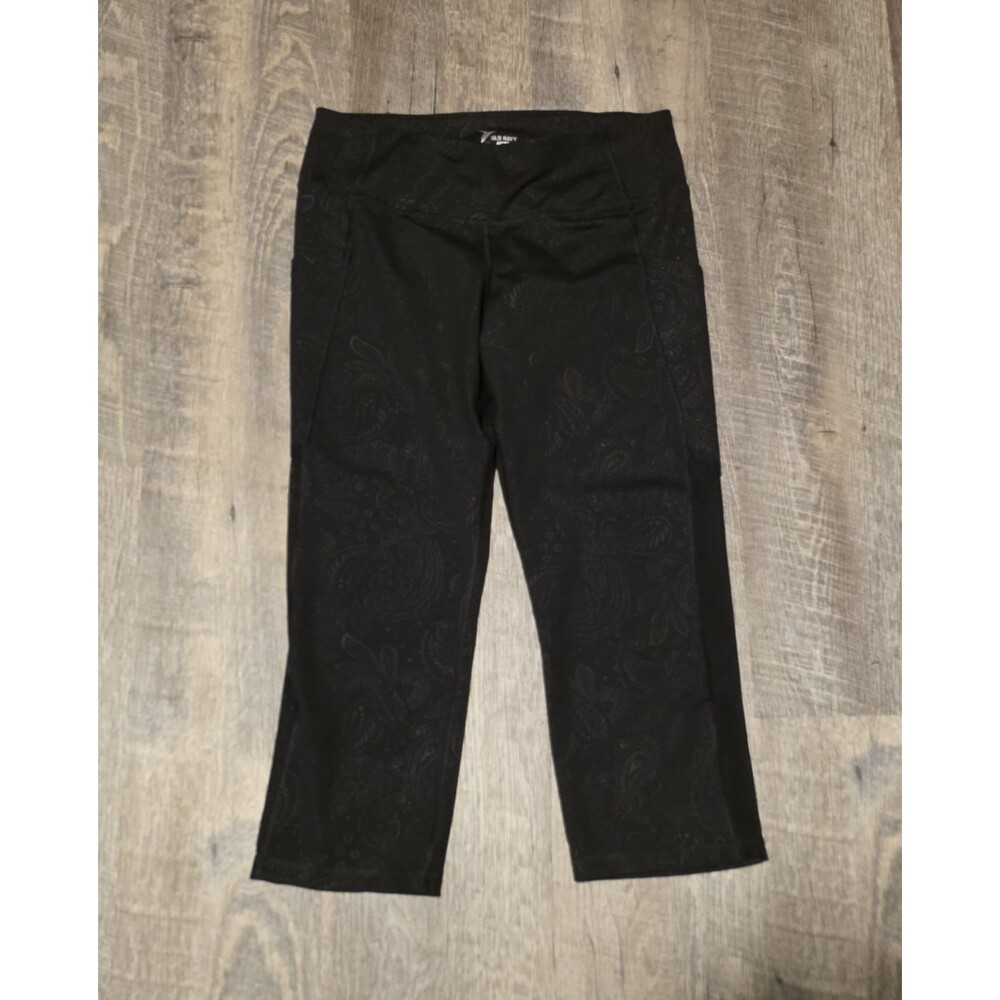 Old Navy Active Go-Dry Women's Black Solid Ankle Leggings Medium High Rise Logo